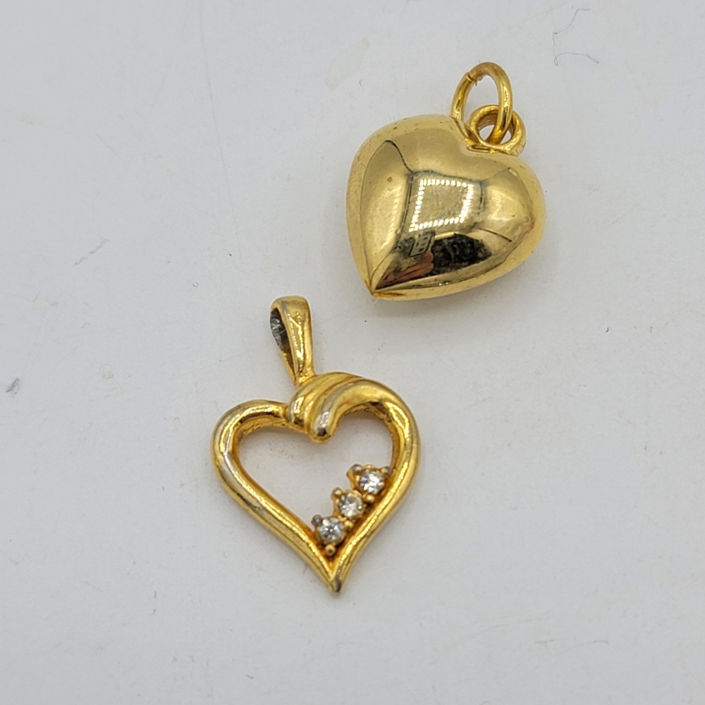 Puffed Heart & Rhinestone Open Heart Pendants Set of 2 Gold tone 80s Vintage